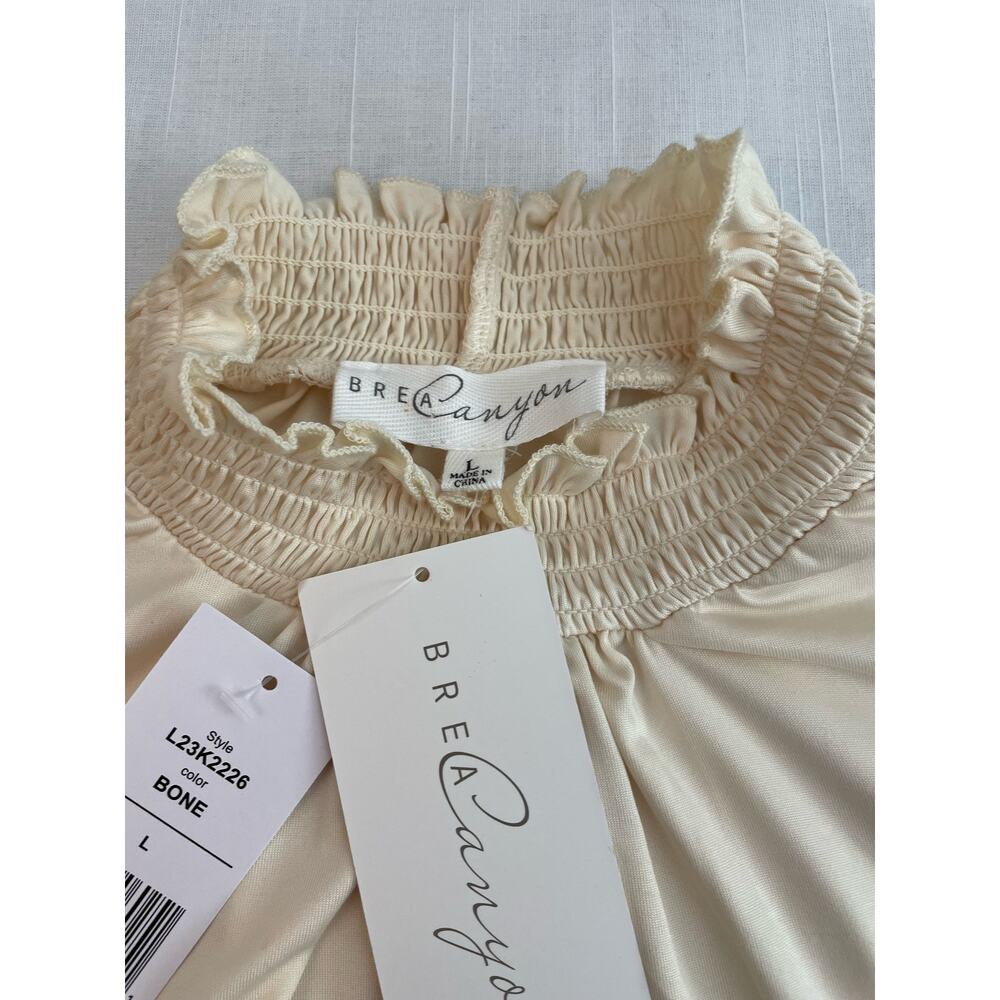 Brea Canyon Smocked Neck Ivory Blouse Puffed Vegan Leather Sleeves Size L NWT - Picture 5 of 8
